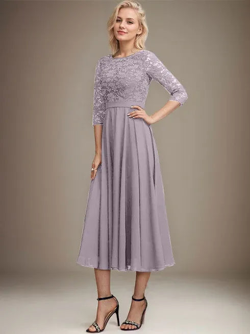 A-Line Scoop Neck Tea-Length Lace Chiffon Mother of the Bride Dress with Sequins
