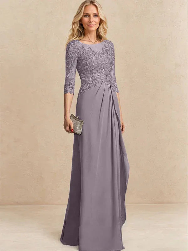 A-Line Scoop Illusion Floor-Length Chiffon and Lace Mother of the Bride Dress with Beading, Sequins, and Cascading Ruffles