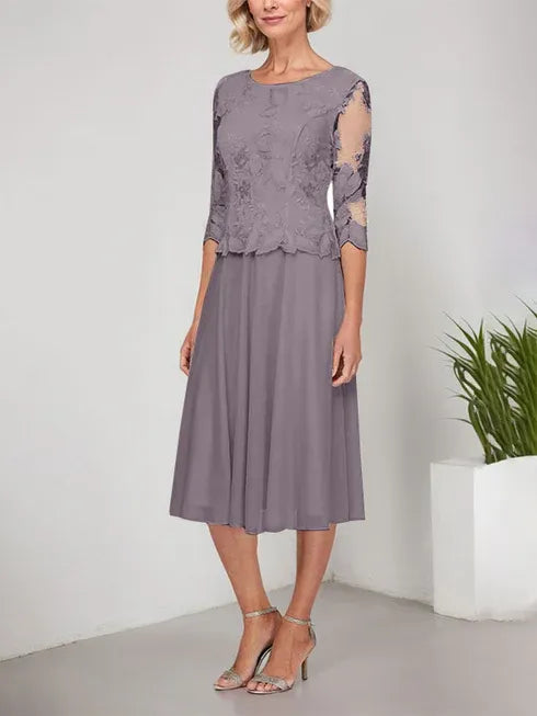 A-Line Scoop Neck Tea-Length Lace Chiffon Mother of the Bride Dress with Embroidery