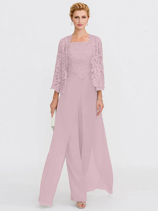 3-Piece Chiffon Square Neck Mother of the Bride Pantsuit Set with Jacket