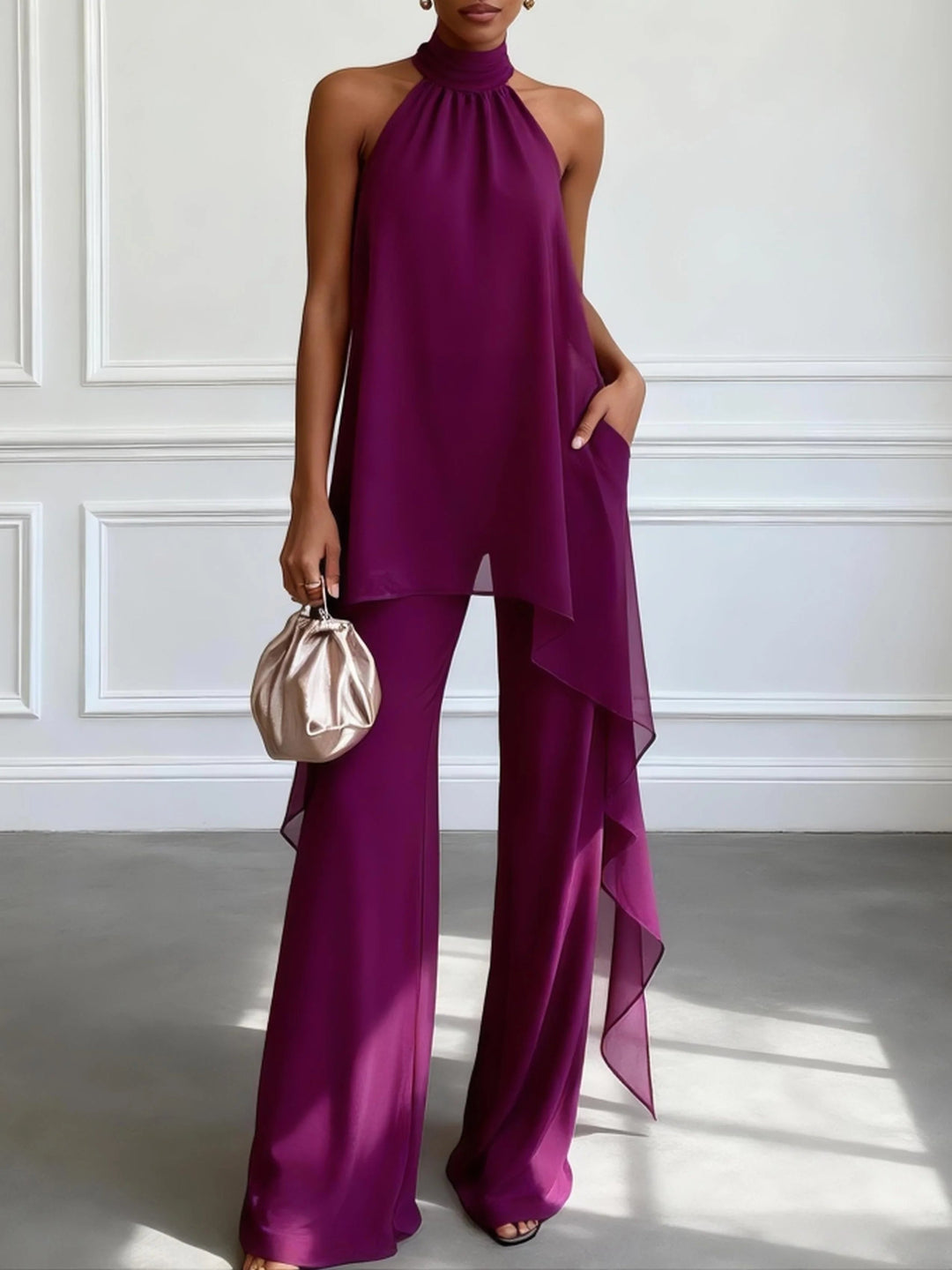 Elegant Two-Piece Purple Outfit: Sleeveless Halter Top and Matching Pants