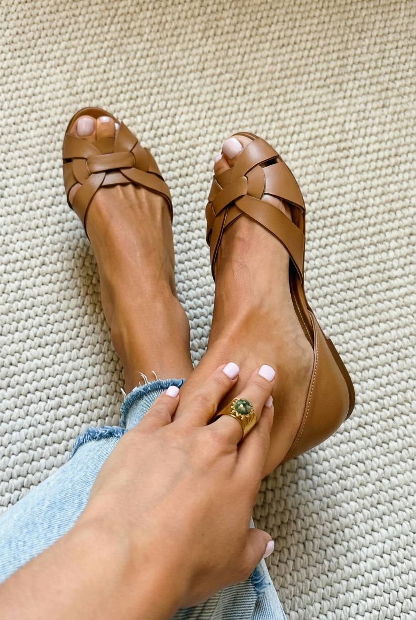 Cardelia – Peep-Toe Woven Vegan Leather Crossover Strap Flats