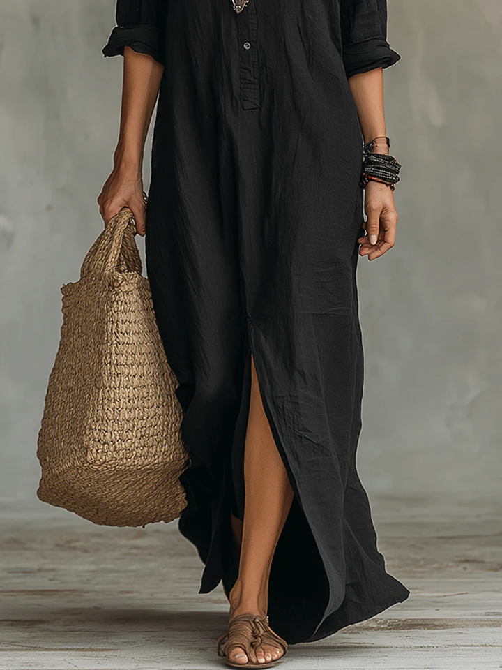 Soline | Elegant Long Black Flowy Dress with Button Details