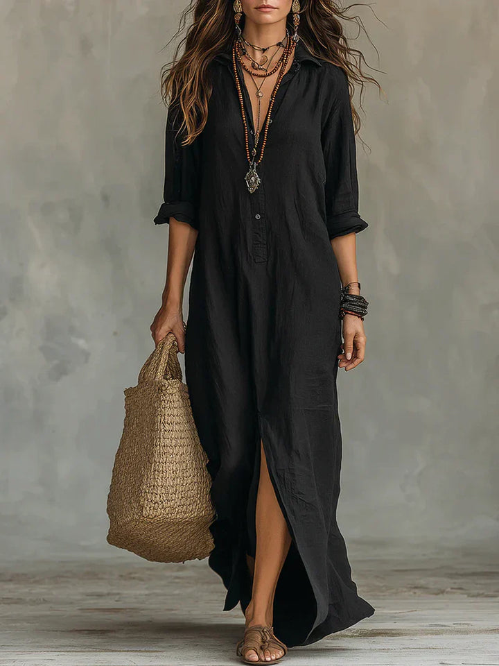 Céline™ | Black Loose Maxi Dress with Buttons