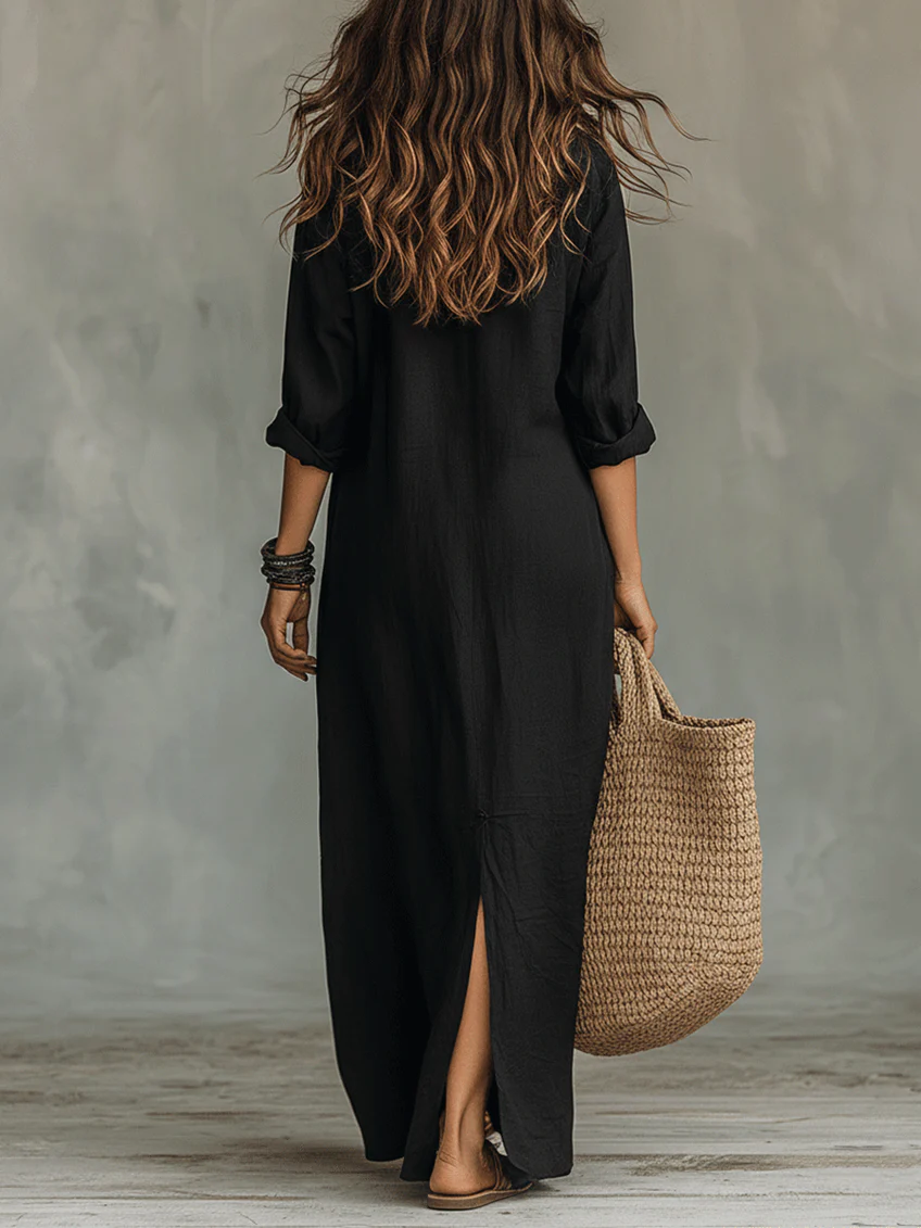Soline | Elegant Long Black Flowy Dress with Button Details