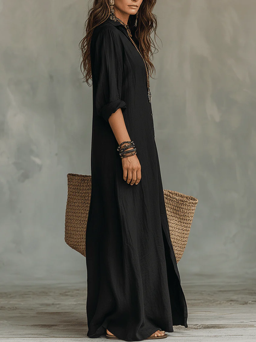 Soline | Elegant Long Black Flowy Dress with Button Details