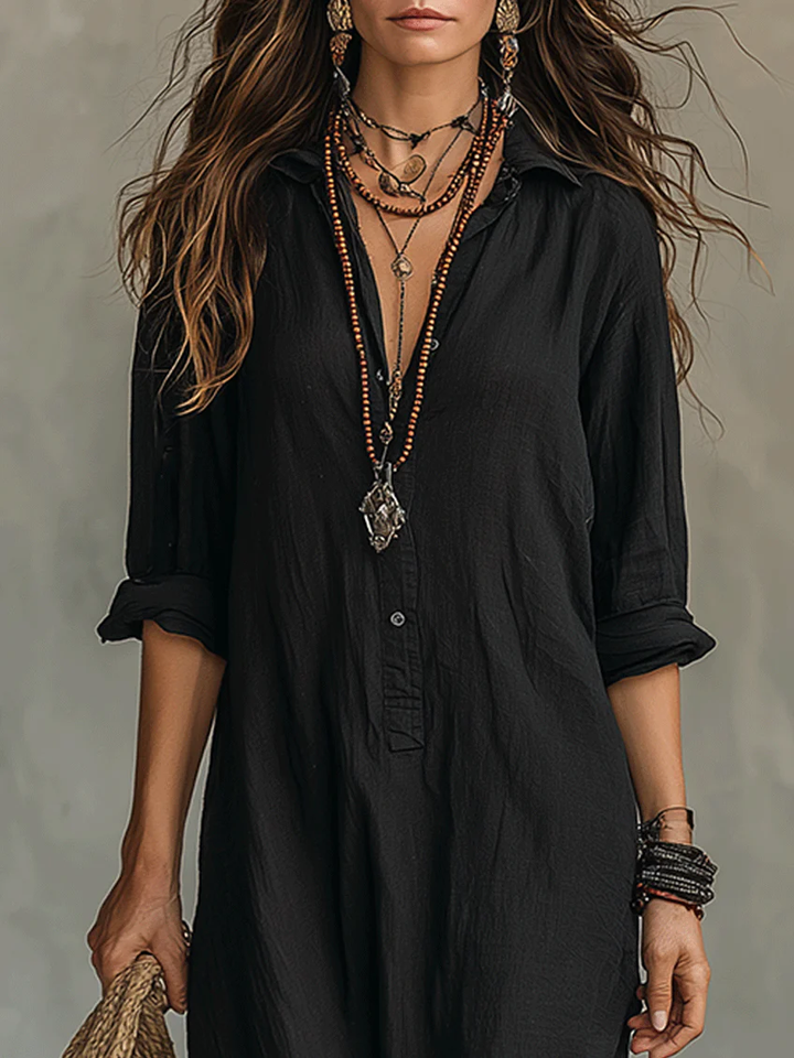 Soline | Elegant Long Black Flowy Dress with Button Details