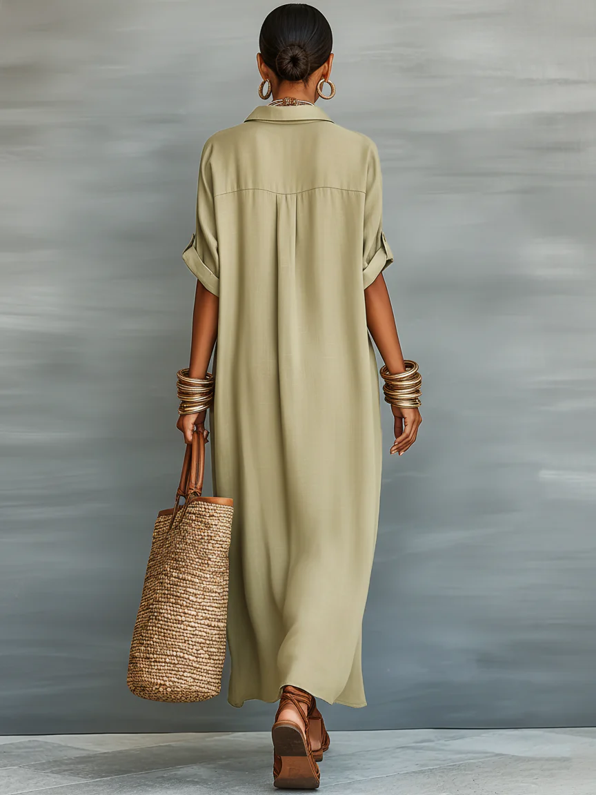 Manelle | Robe Longue Verte Olive à Lignes Minimalistes