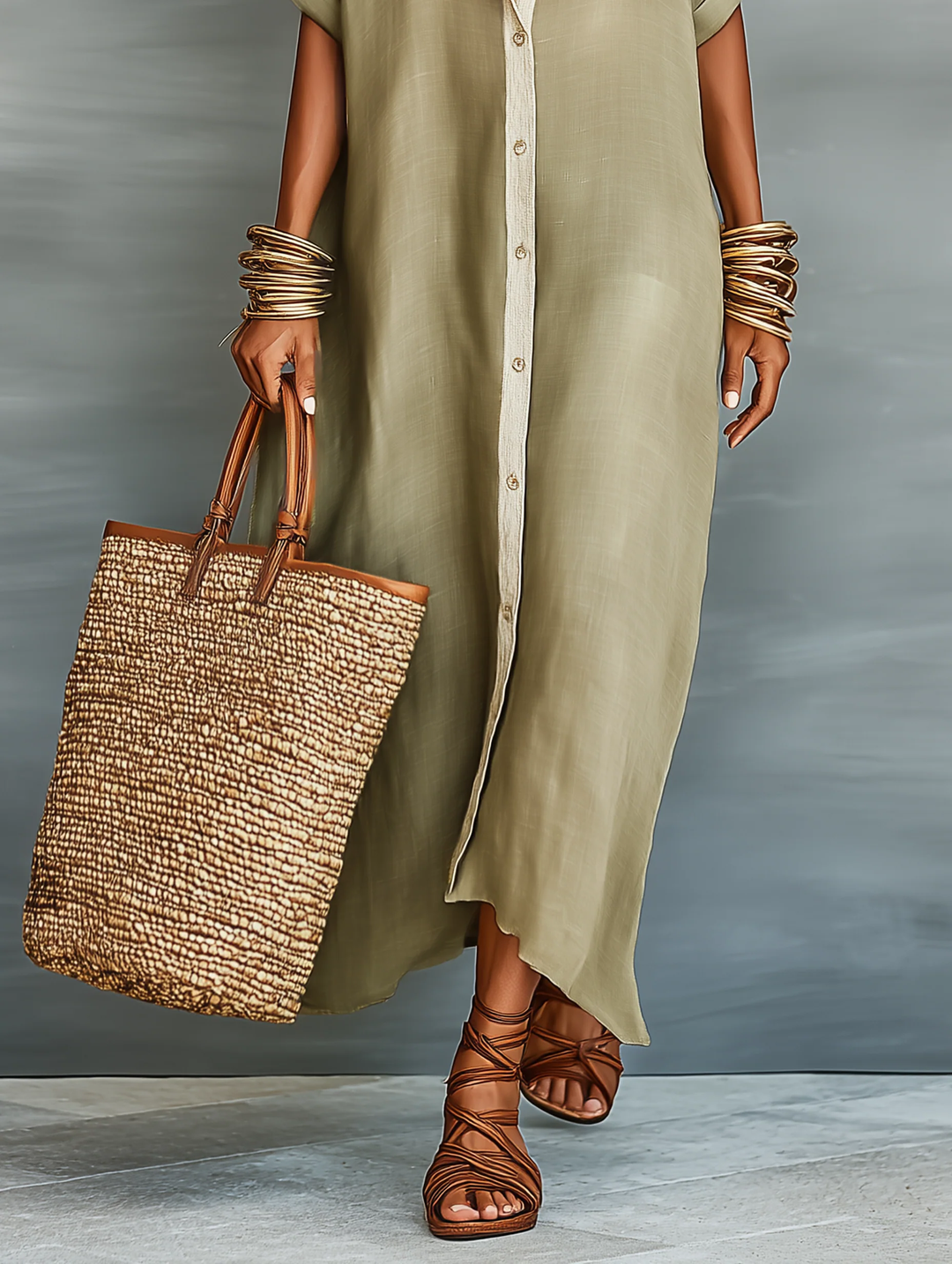Manelle | Elegant Olive Green Maxi Dress with Minimalist Design