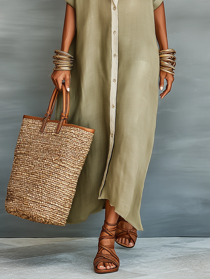 Manelle | Elegant Olive Green Maxi Dress with Minimalist Design