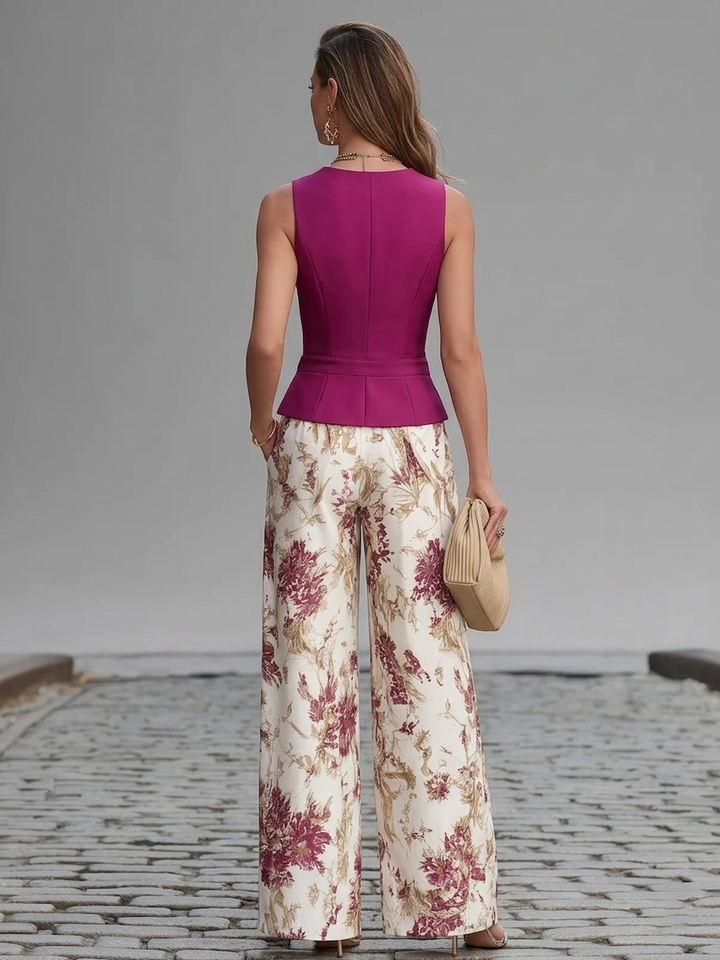 Powder Pink Sleeveless Vest with Wide-Leg Floral Print Trousers
