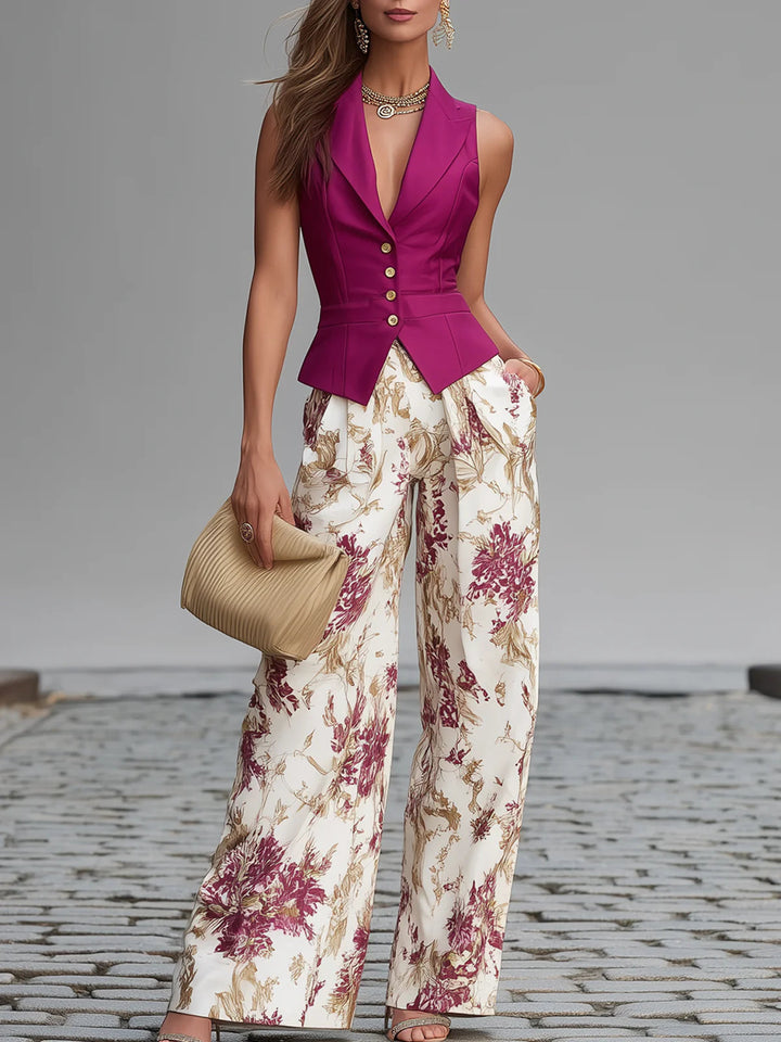 Maya | Sleeveless Spandex Blend Vest & Floral Print Wide-Leg Pants Set