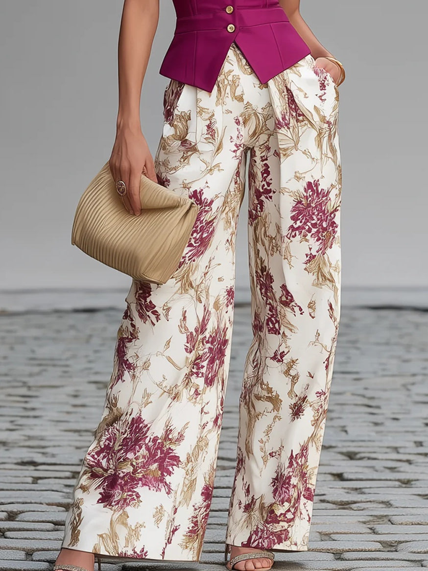 Powder Pink Sleeveless Vest with Wide-Leg Floral Print Trousers
