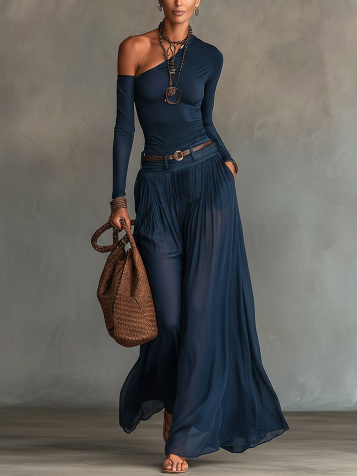 Camila | One-Shoulder Jersey Bodysuit & Maxi Skirt Set in Sheer Chiffon