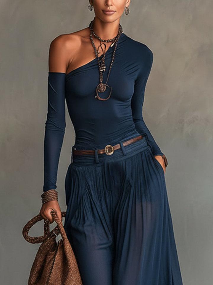 Camila: One-Shoulder Bodysuit & Maxi Skirt Set in Sheer Chiffon