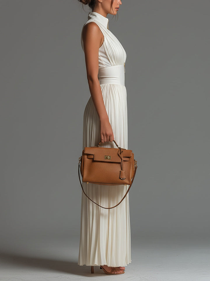 White Chiffon V-Neck Sleeveless Jumpsuit with Zipper Closure, Pleated Details, and Wide-Leg Design