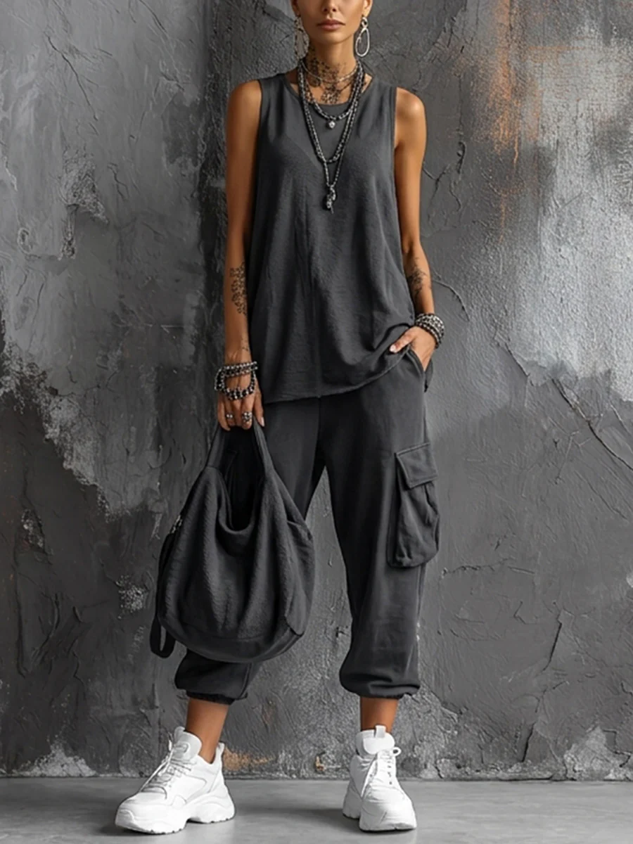Harper Sleeveless Vest & Cargo Jogger Pants Set – Rayon Blend