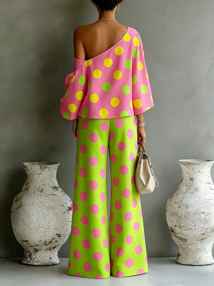 Camila | Off-Shoulder Asymmetrical Top with Wide Satin Pants
