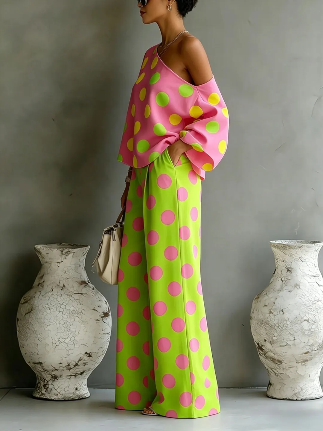 Camila | Off-Shoulder Asymmetrical Top & Wide Satin Pants Set