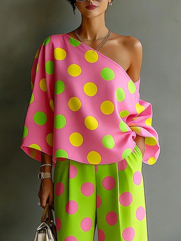 Camila | Off-Shoulder Asymmetrical Top & Wide Satin Pants Set