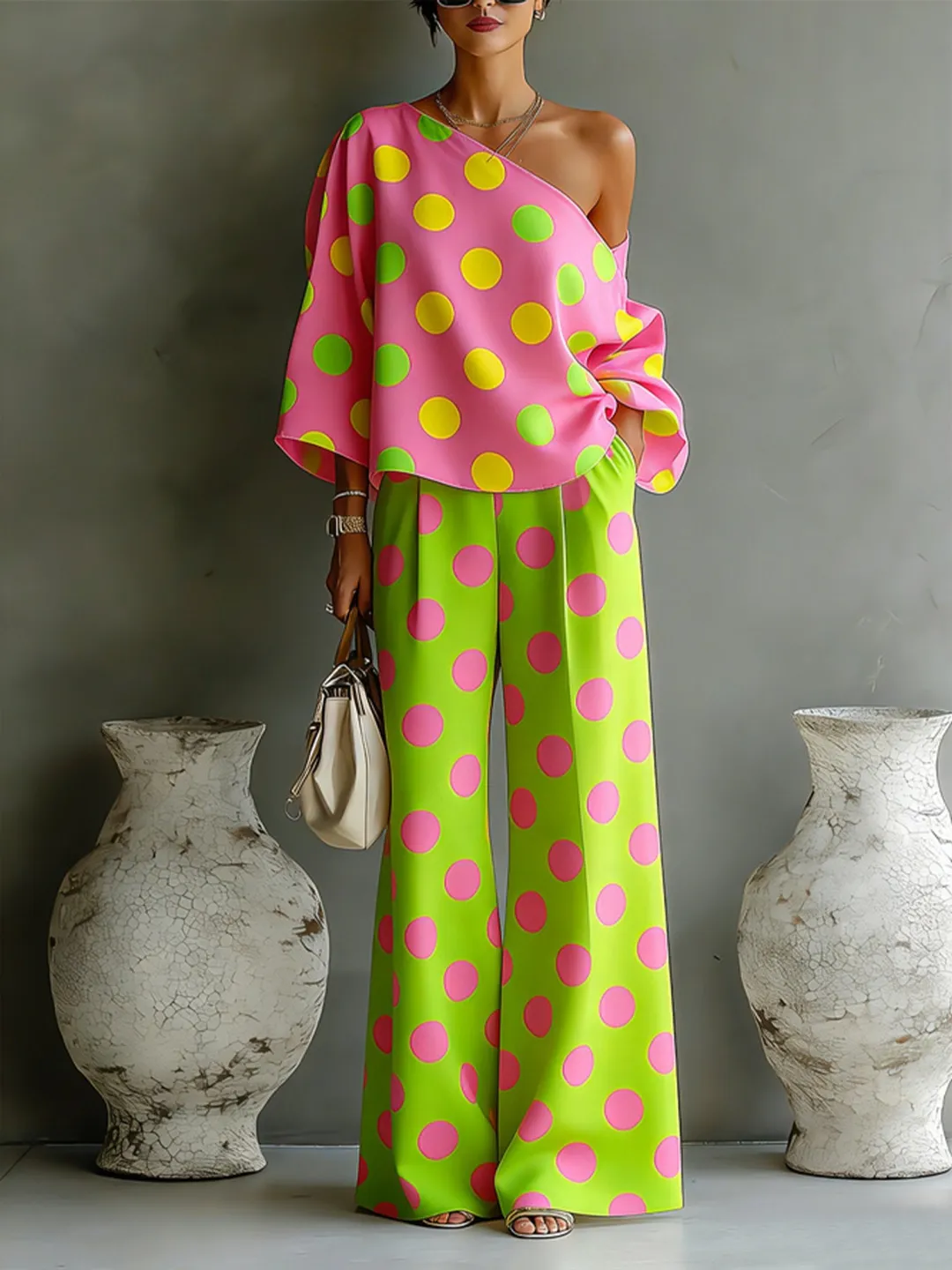 Camila | Off-Shoulder Asymmetrical Top & Wide Satin Pants Set