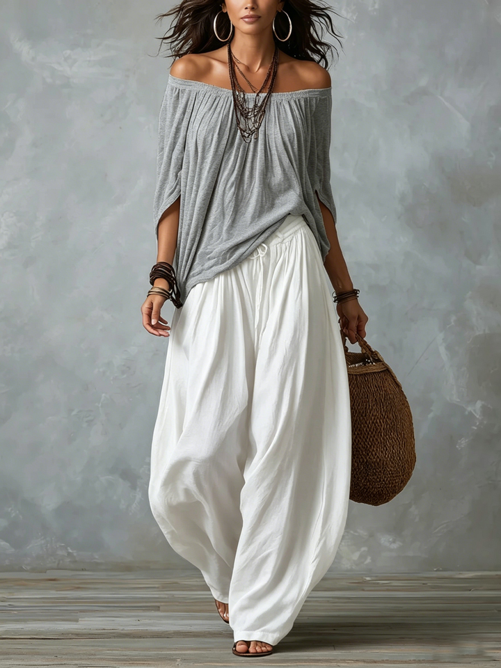 Maya Off-Shoulder Top & Lantern Pants Set – Rayon Blend