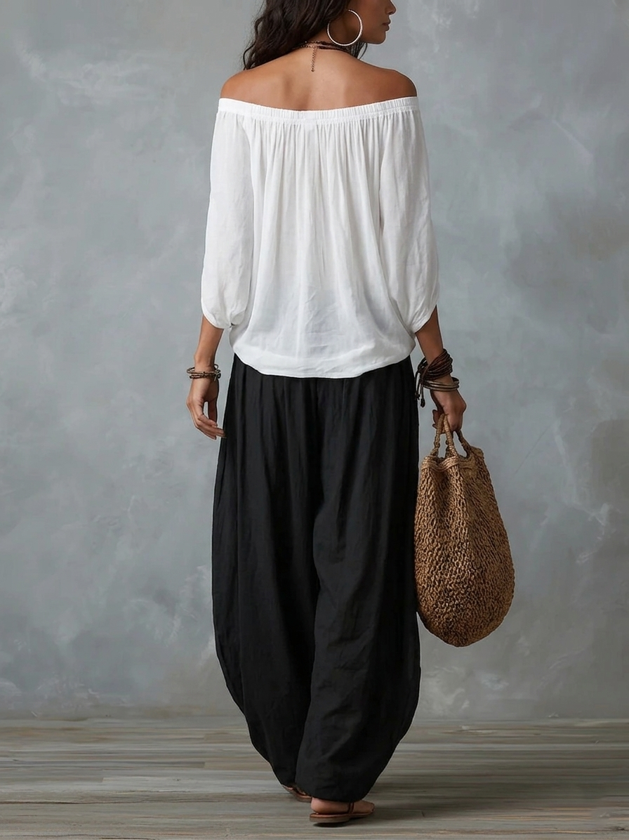 Aaliyah Off-Shoulder Top & Lantern Pants Set – Rayon Blend
