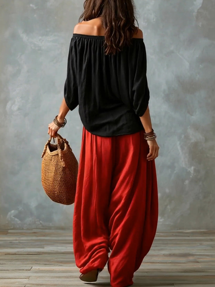 Marisol Off-the-Shoulder Crop Top & Lantern Pants Set – Rayon Blend