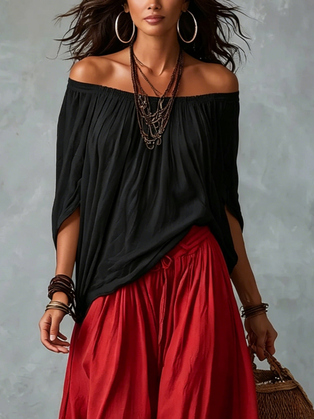 Marisol Off-Shoulder Crop Top & Lantern Pants Set – Rayon Blend