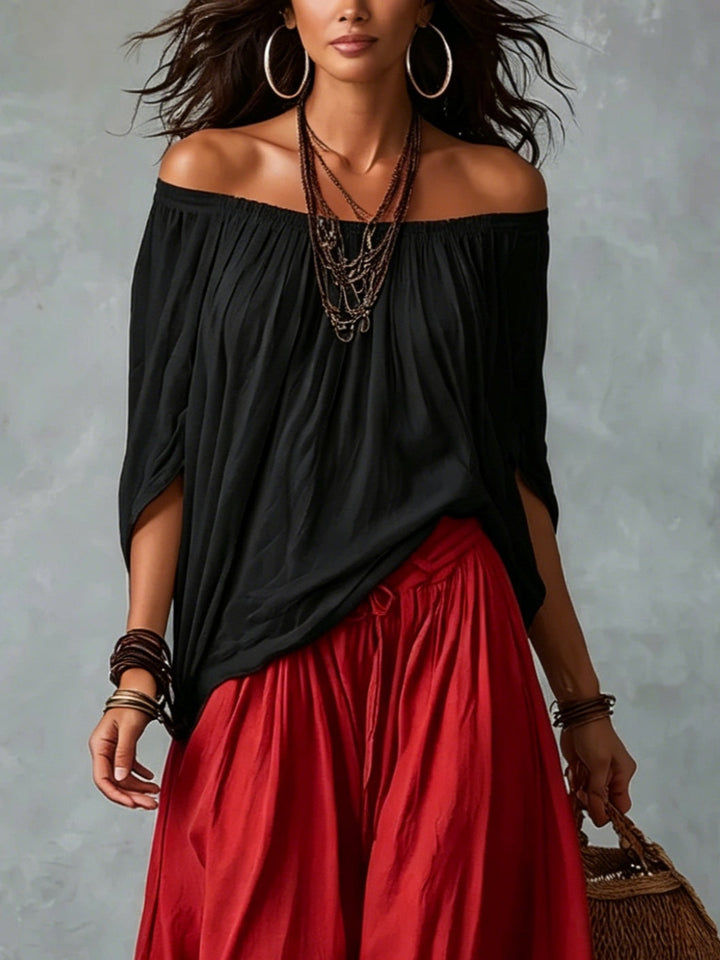 Marisol Off-Shoulder Crop Top & Lantern Pants Set – Rayon Blend