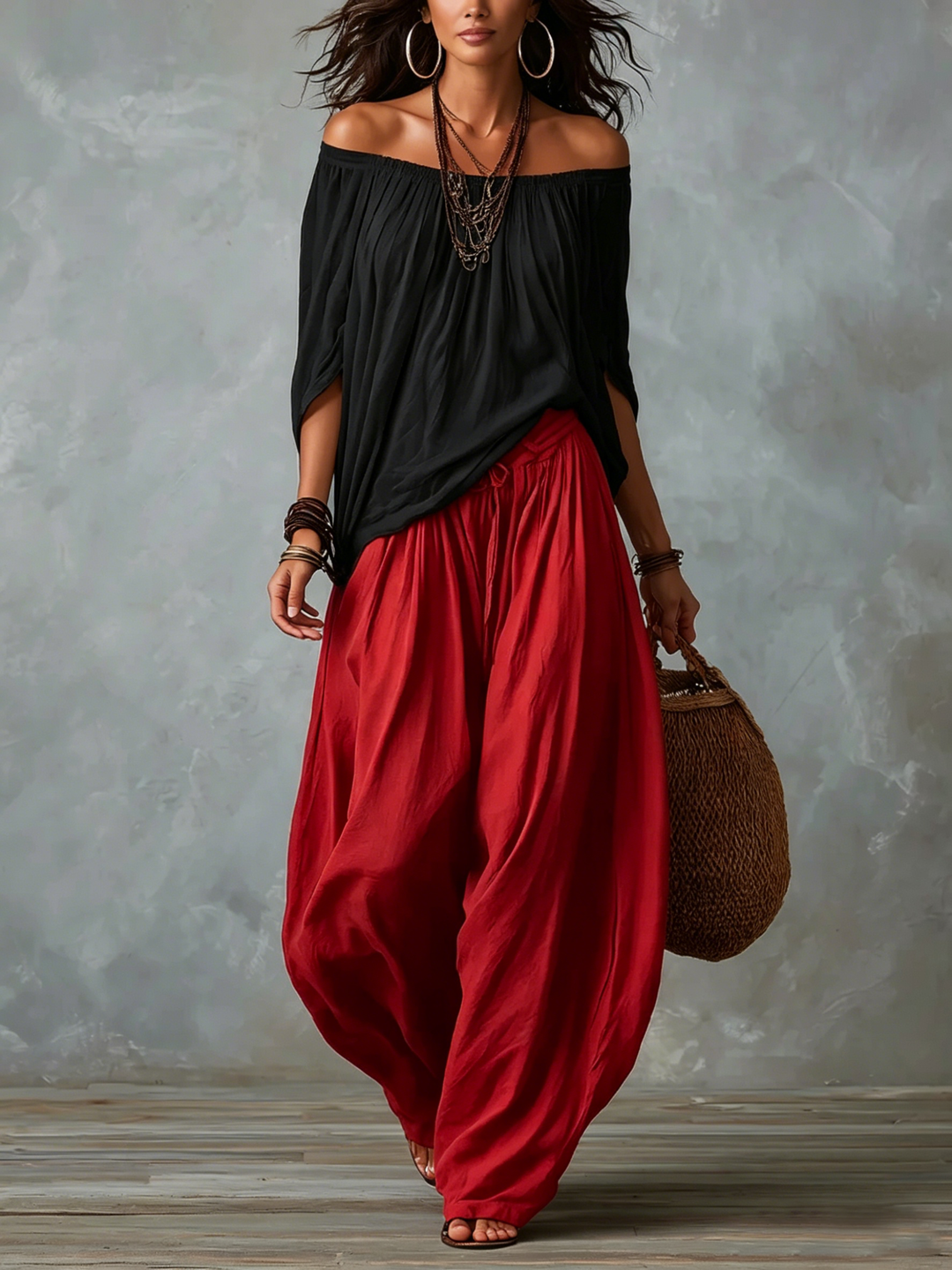 Marisol Off-the-Shoulder Crop Top & Lantern Pants Set – Rayon Blend