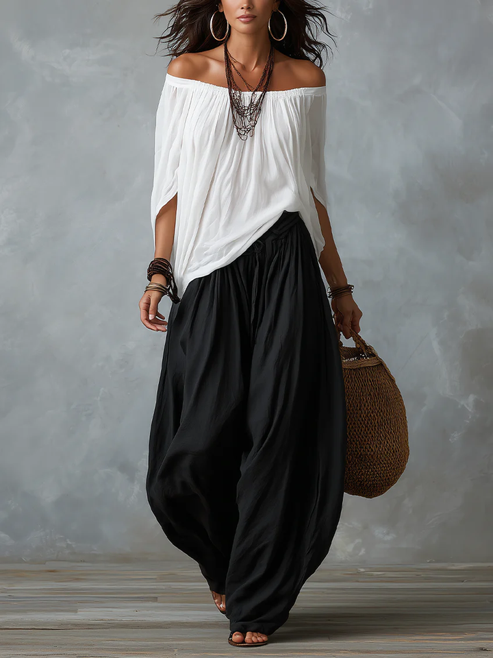 White Off-Shoulder Top with Lantern-Style Flared Pants