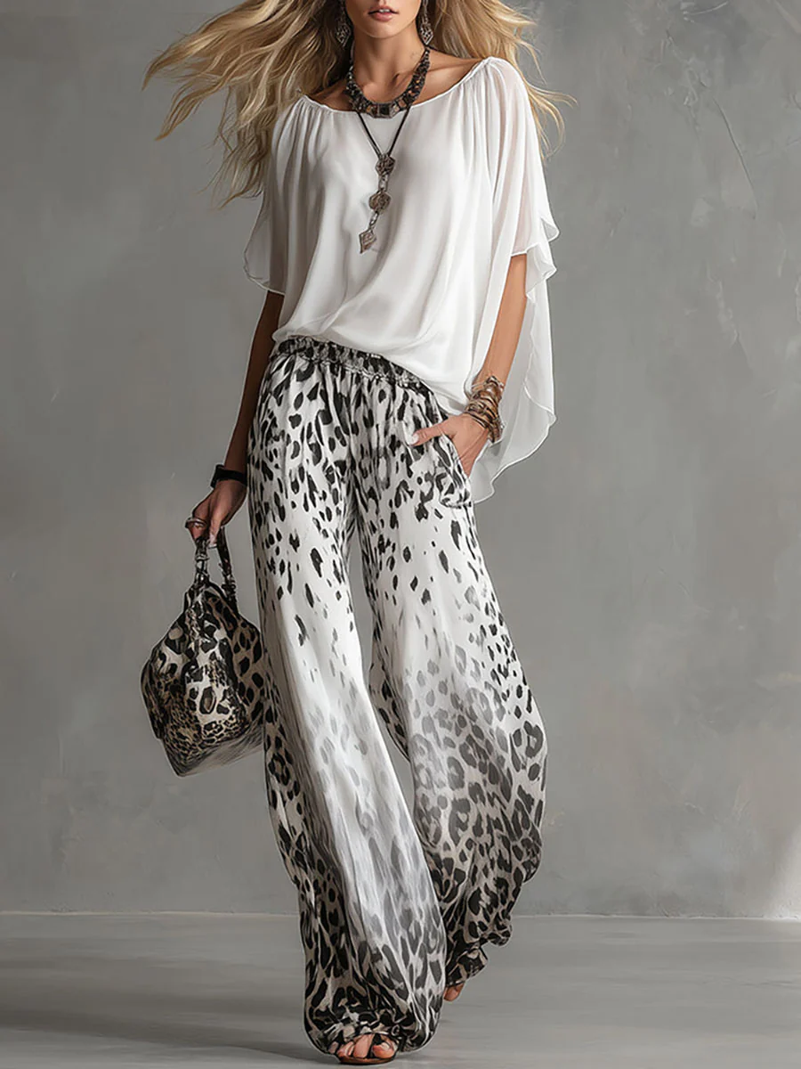 Monica | Boat Neck Top with High-Waisted Leopard Gradient Print Chiffon Pants