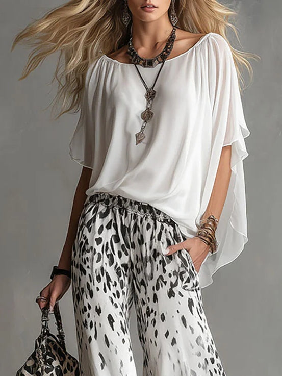Monica | Boat Neck Top & High-Waisted Wide-Leg Pants in Gradient Leopard Print