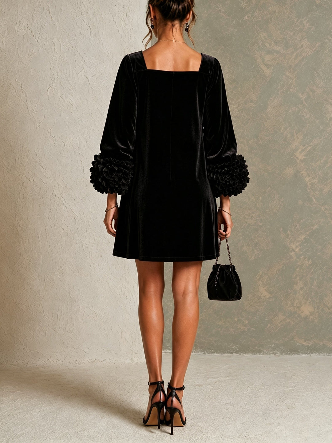 Black Velvet Button-front Mini Dress Featuring Striking Floral Cuffs