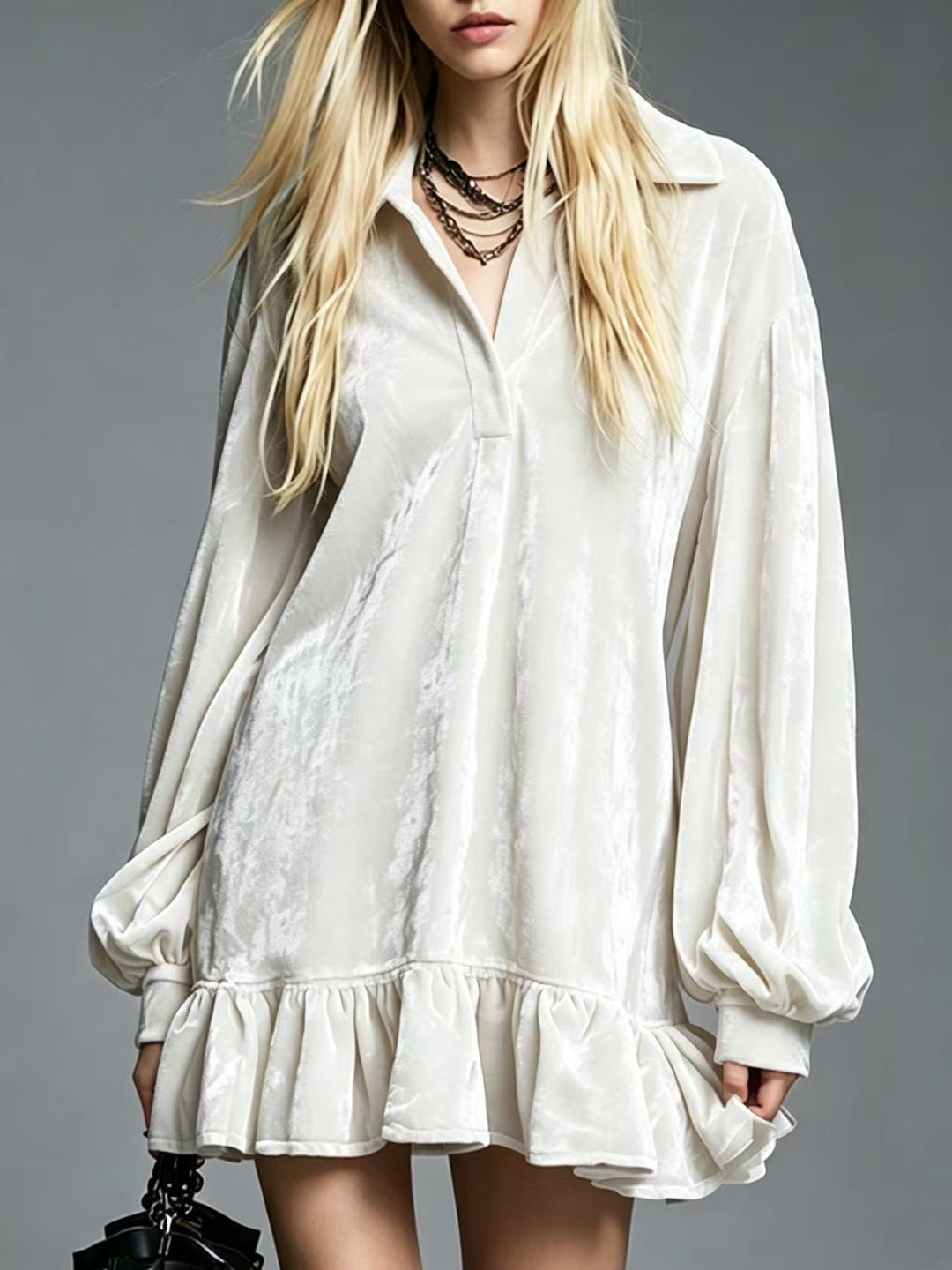 Velvet Mini Dress with Lantern Sleeves Ruffled Hem