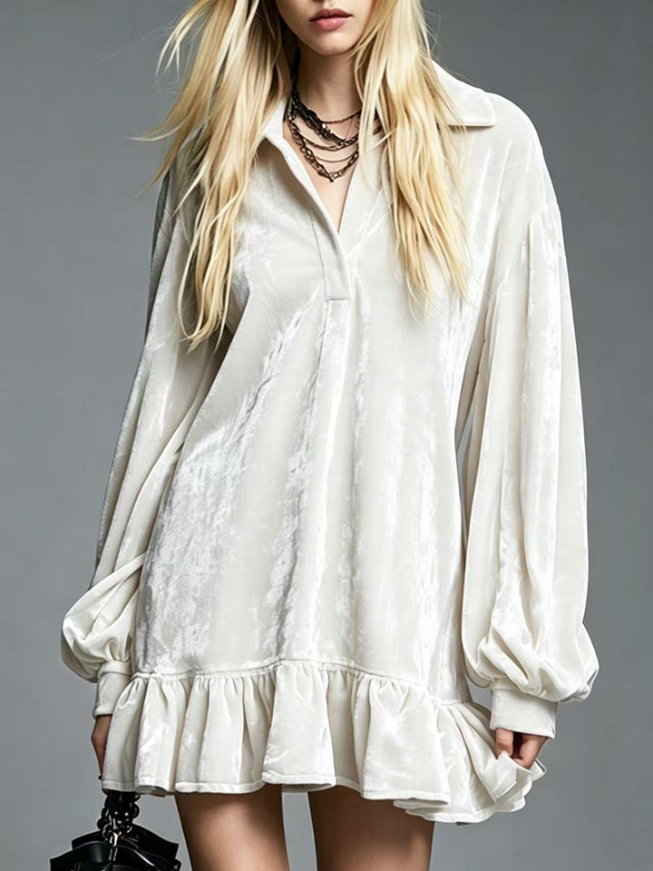 Velvet Mini Dress with Lantern Sleeves Ruffled Hem