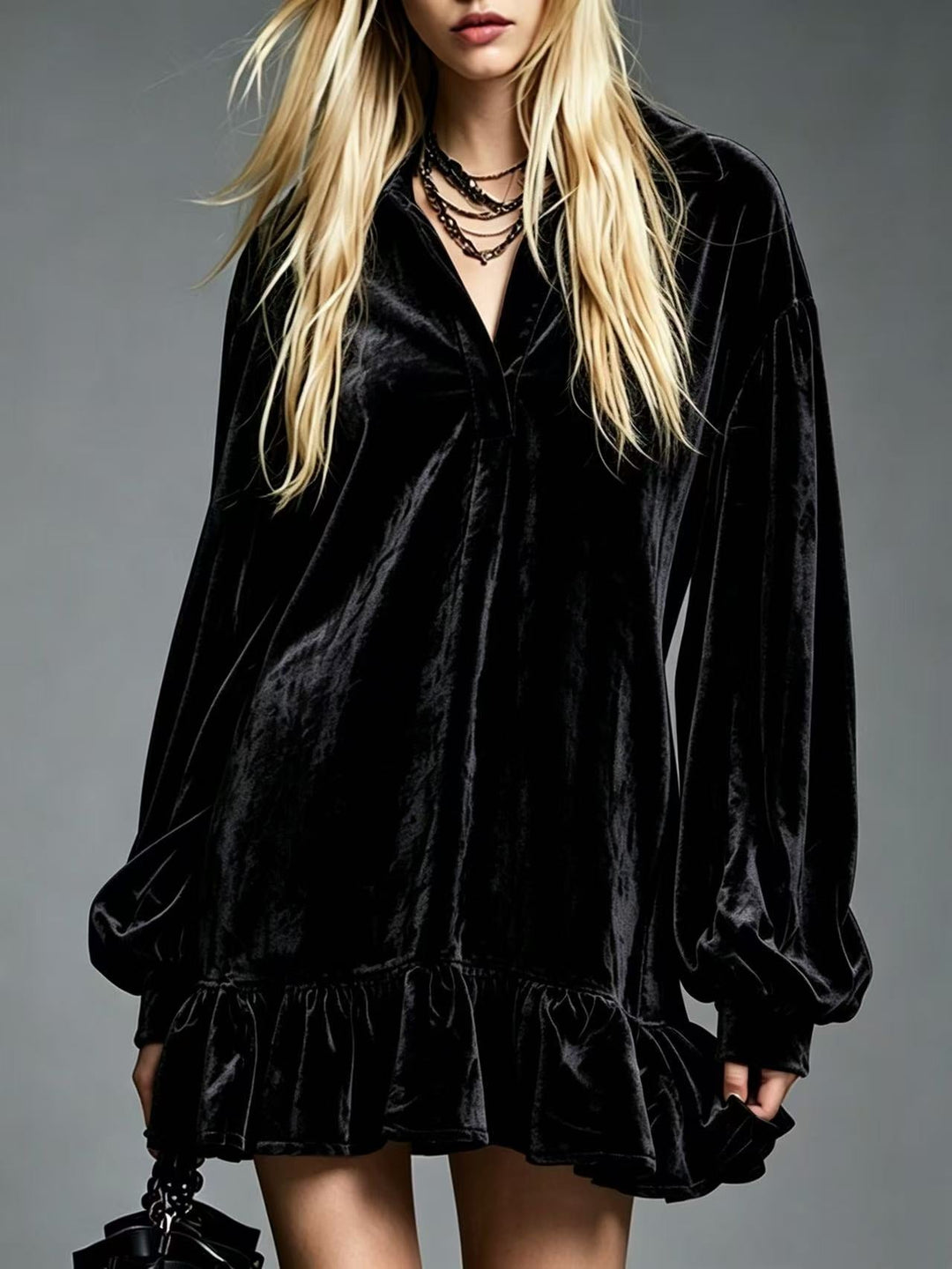 Velvet Mini Dress with Lantern Sleeves Ruffled Hem