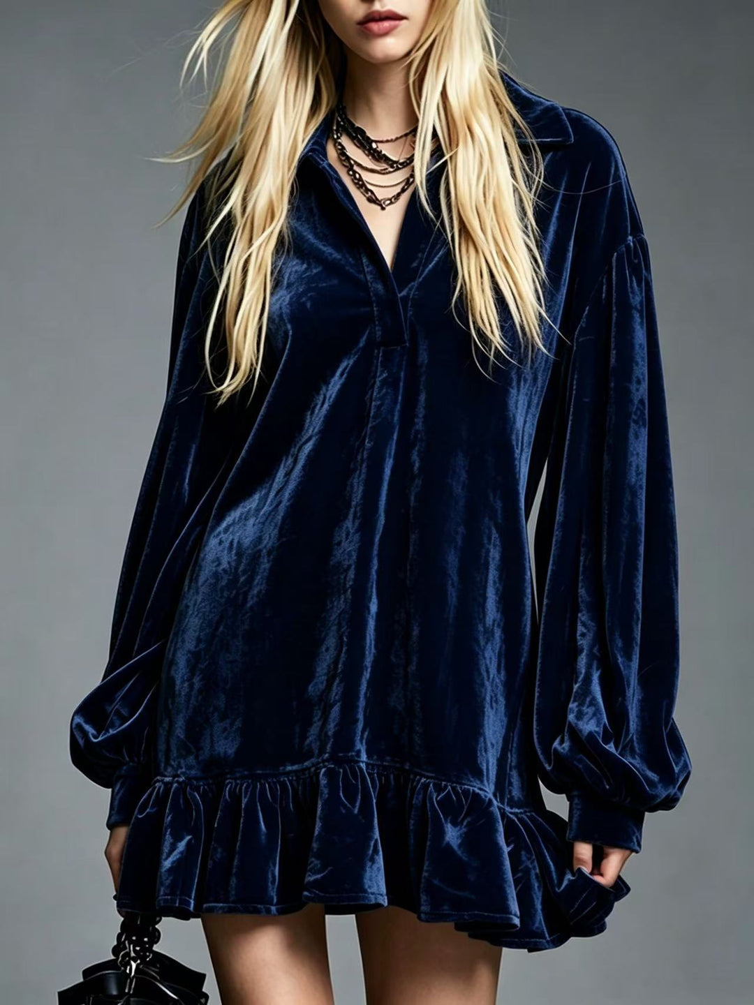 Velvet Mini Dress with Lantern Sleeves Ruffled Hem