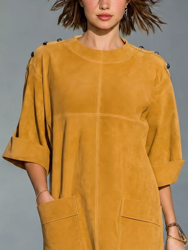 Ginger Yellow Faux Suede Mini Dress With Shoulder Buttons And Patch Pockets