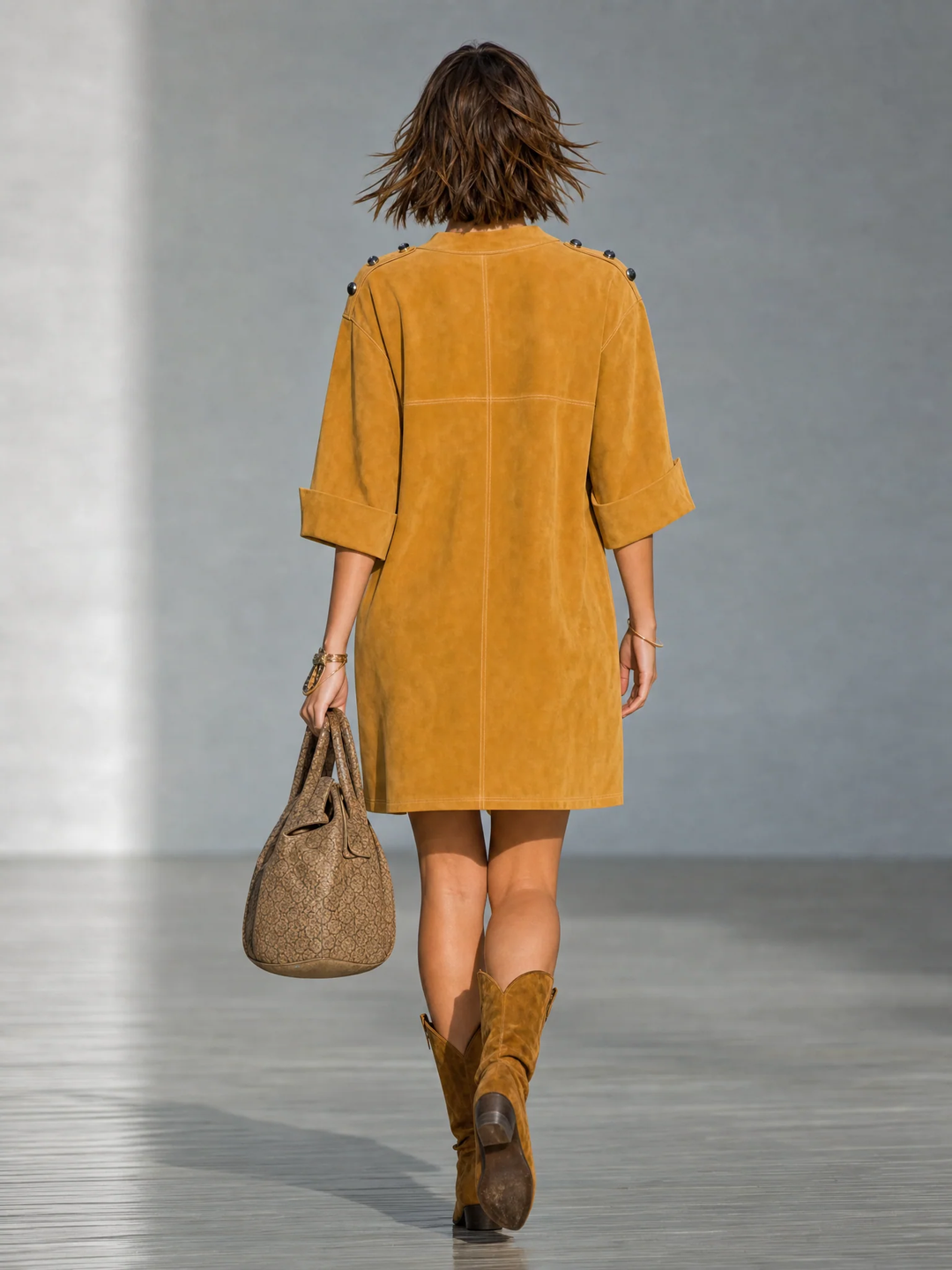 Ginger Yellow Faux Suede Mini Dress With Shoulder Buttons And Patch Pockets