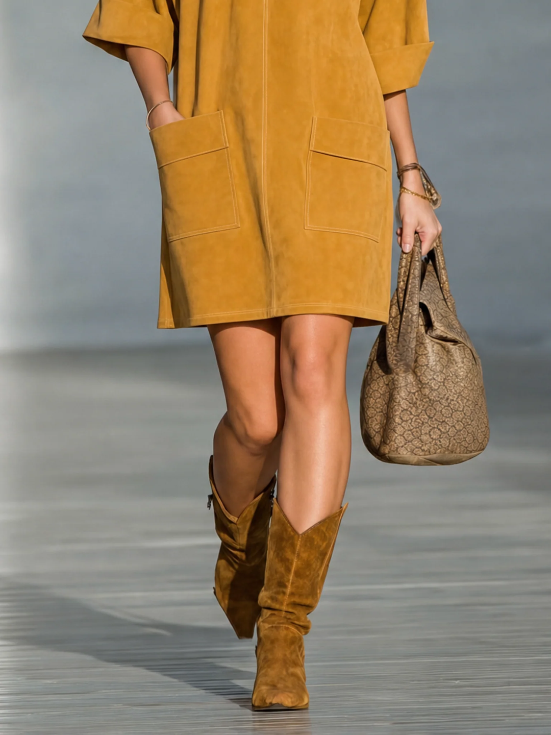 Ginger Yellow Faux Suede Mini Dress With Shoulder Buttons And Patch Pockets