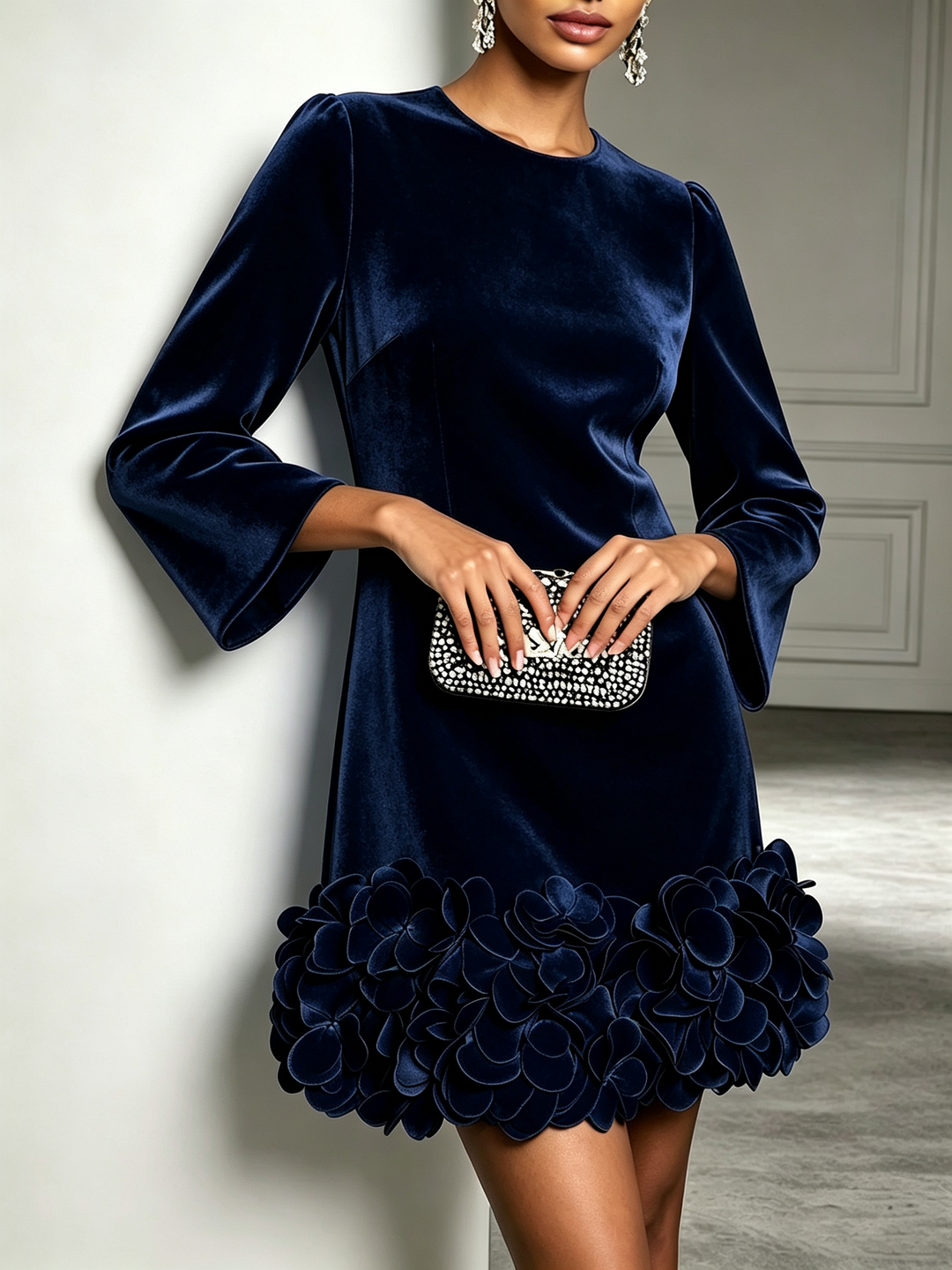 Navy Velvet Mini Dress With Round Neck And Bold Floral Accents