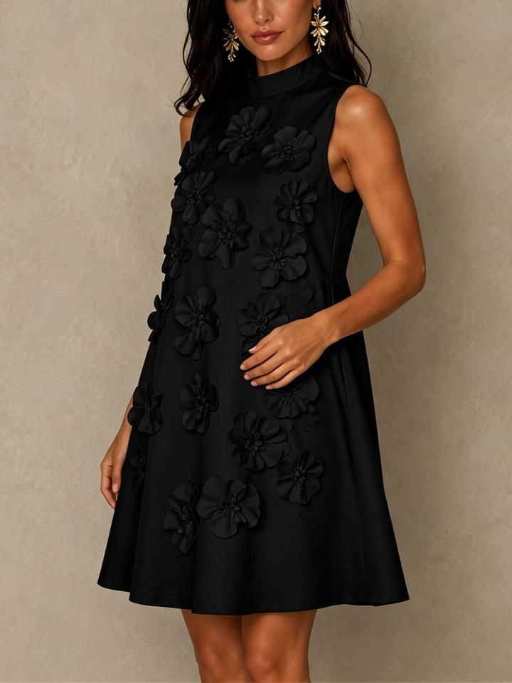 Black Sleeveless Mini Dress Featuring Striking Floral And Bow Details