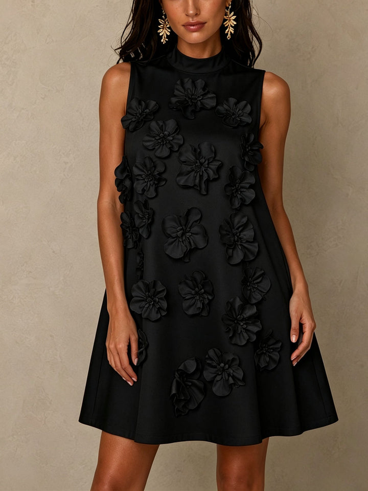 Black Sleeveless Mini Dress Featuring Striking Floral And Bow Details