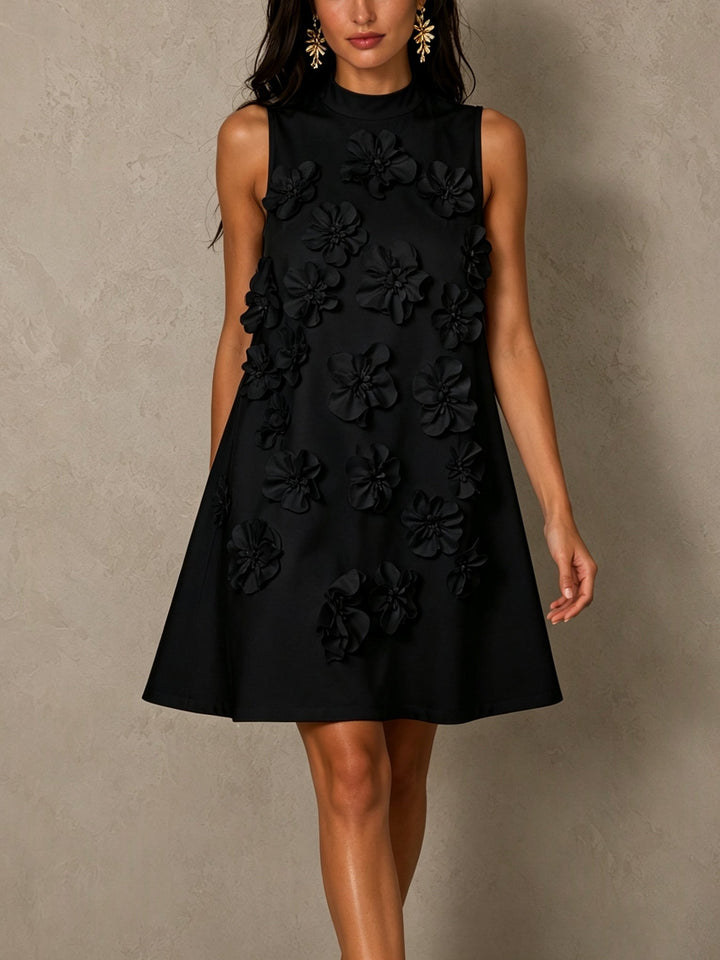 Black Sleeveless Mini Dress Featuring Striking Floral And Bow Details