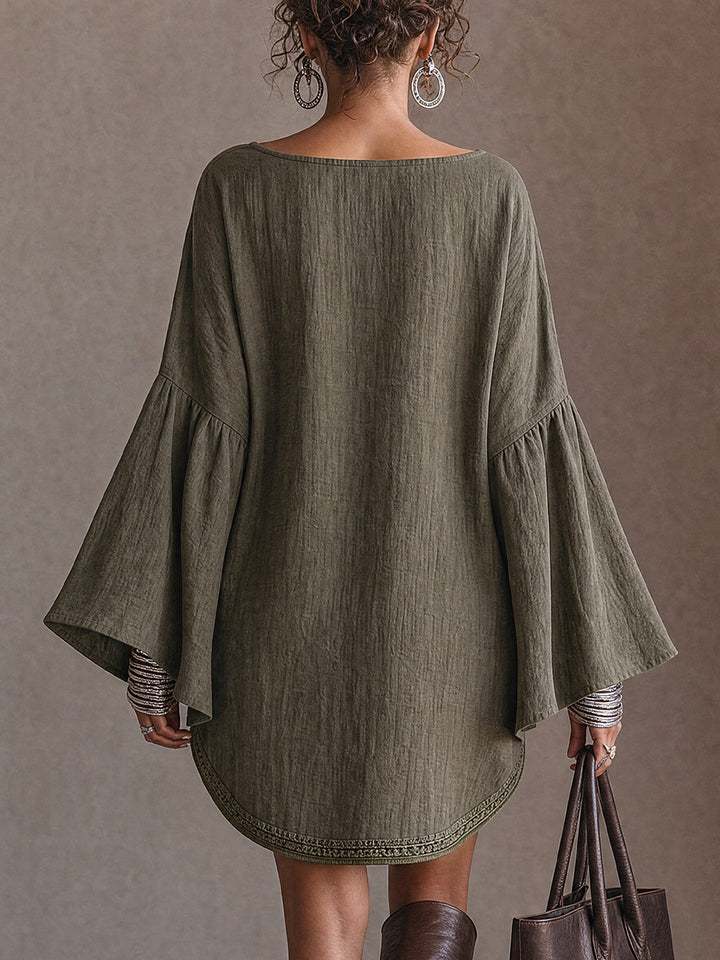 Olive Green Linen‑Blend Wide‑Bell‑Sleeve Lace‑Trim Tunic Mini Dress