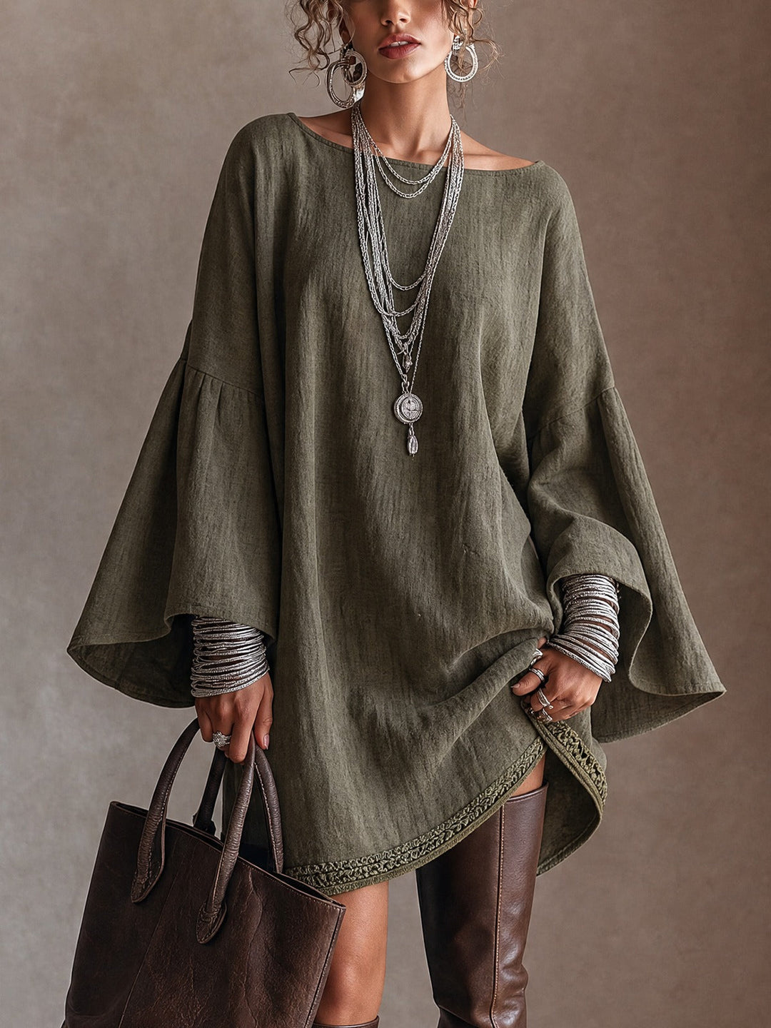 Olive Green Linen‑Blend Wide‑Bell‑Sleeve Lace‑Trim Tunic Mini Dress