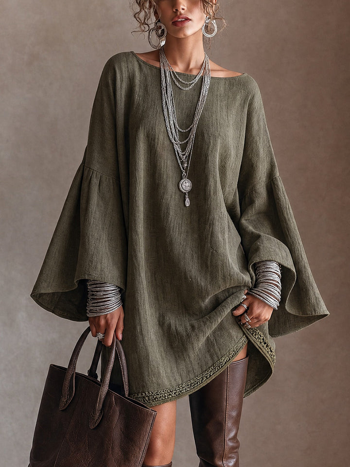 Olive Green Linen‑Blend Wide‑Bell‑Sleeve Lace‑Trim Tunic Mini Dress