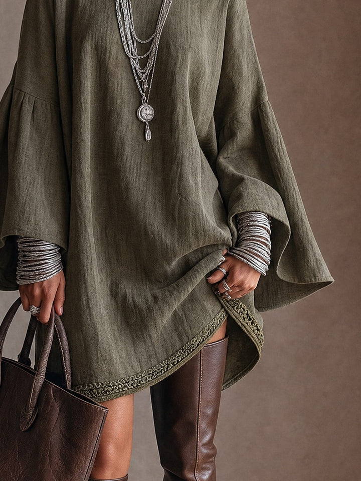 Olive Green Linen‑Blend Wide‑Bell‑Sleeve Lace‑Trim Tunic Mini Dress
